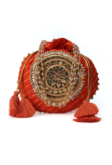 Festive Orange Rangoli Patchwork Potli